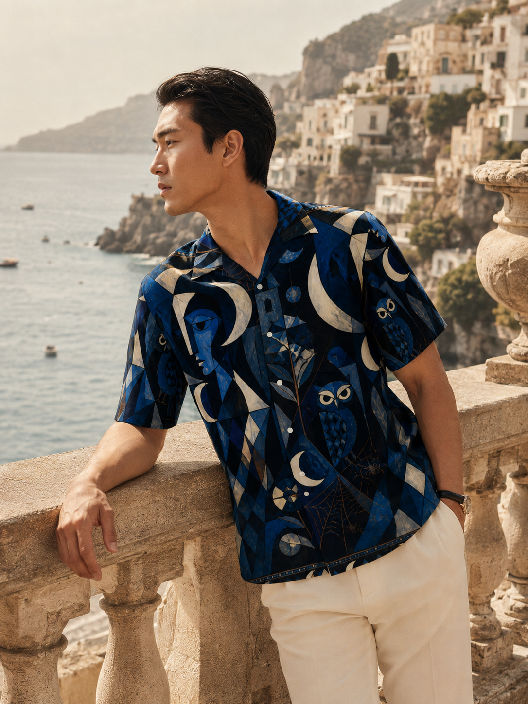 Men’s Celestial Moon Hawaiian Shirt | Navy Owl Camp Collar