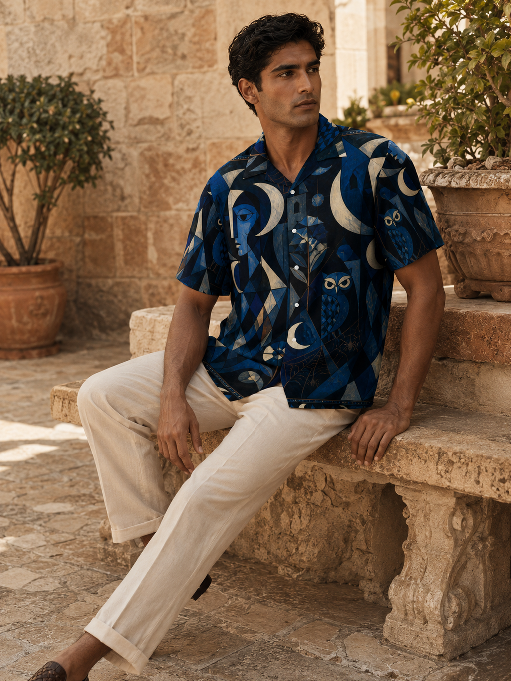 Men’s Celestial Moon Hawaiian Shirt | Navy Owl Camp Collar