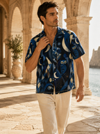 Men’s Celestial Moon Hawaiian Shirt | Navy Owl Camp Collar