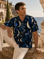 Men’s Celestial Moon Hawaiian Shirt | Navy Owl Camp Collar