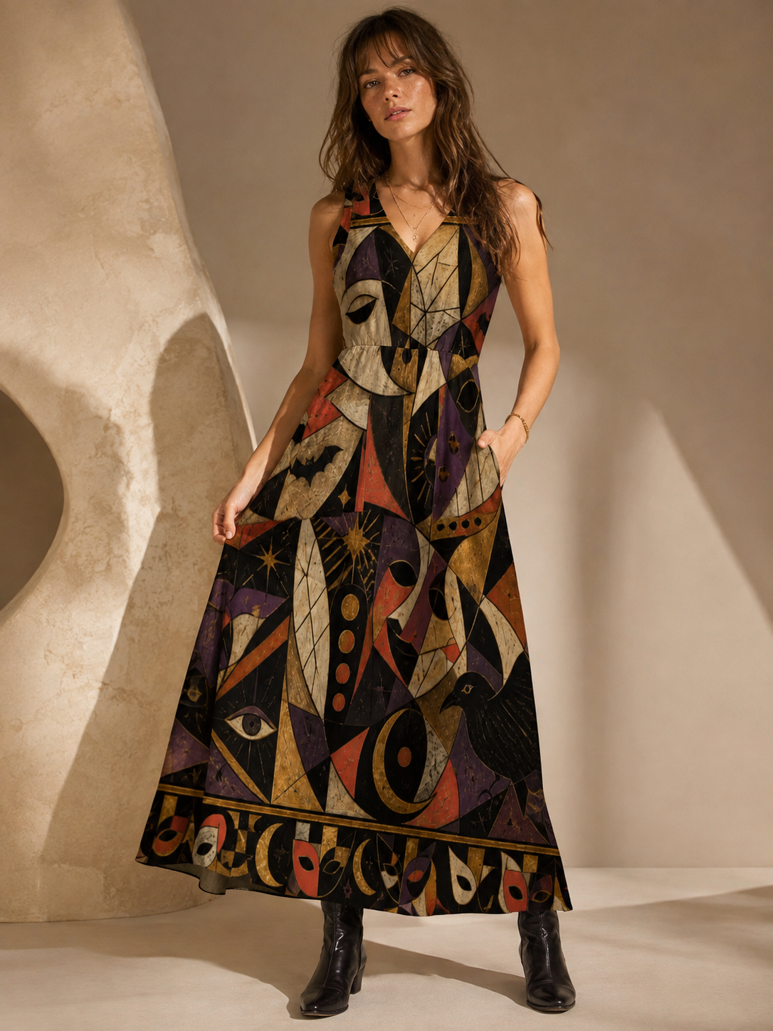 Gothic Halloween Maxi Dress with Pockets | Black Cat Pumpkin