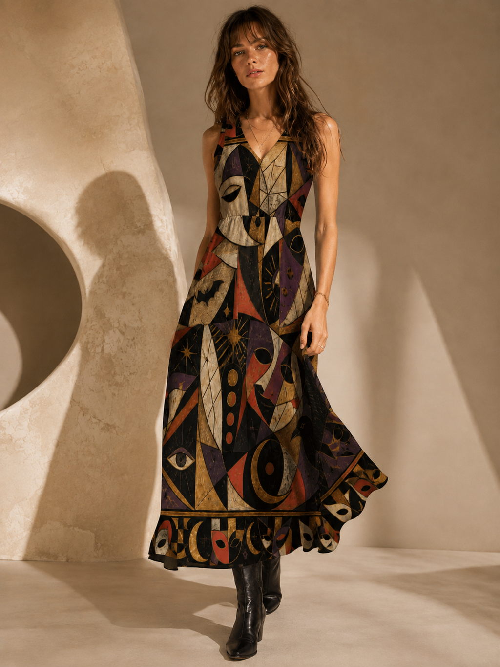 Gothic Halloween Maxi Dress with Pockets | Black Cat Pumpkin