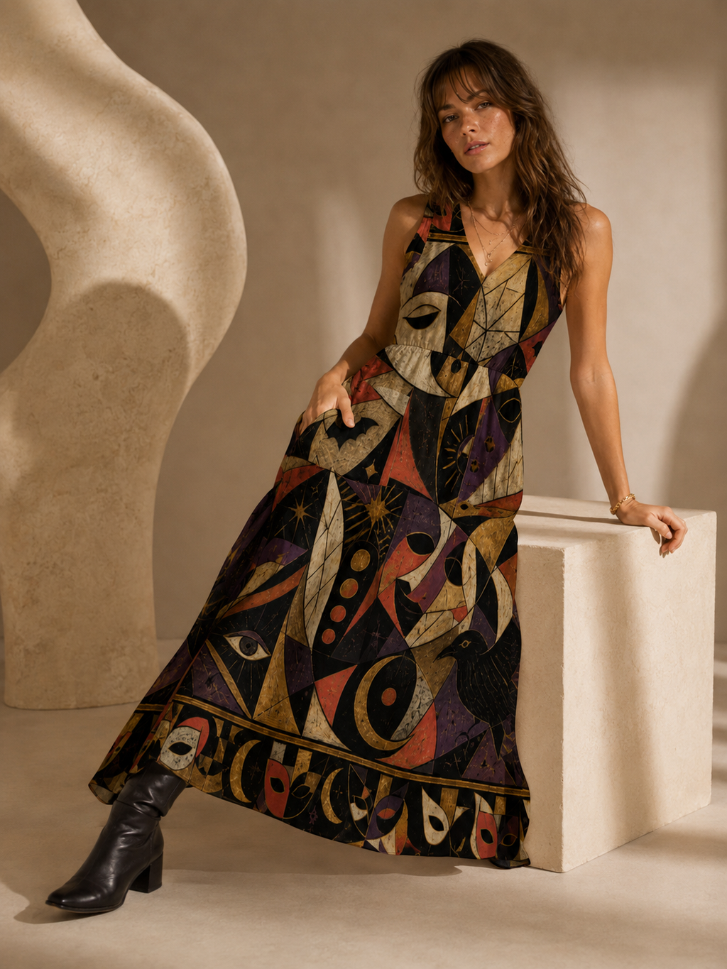 Gothic Halloween Maxi Dress with Pockets | Black Cat Pumpkin