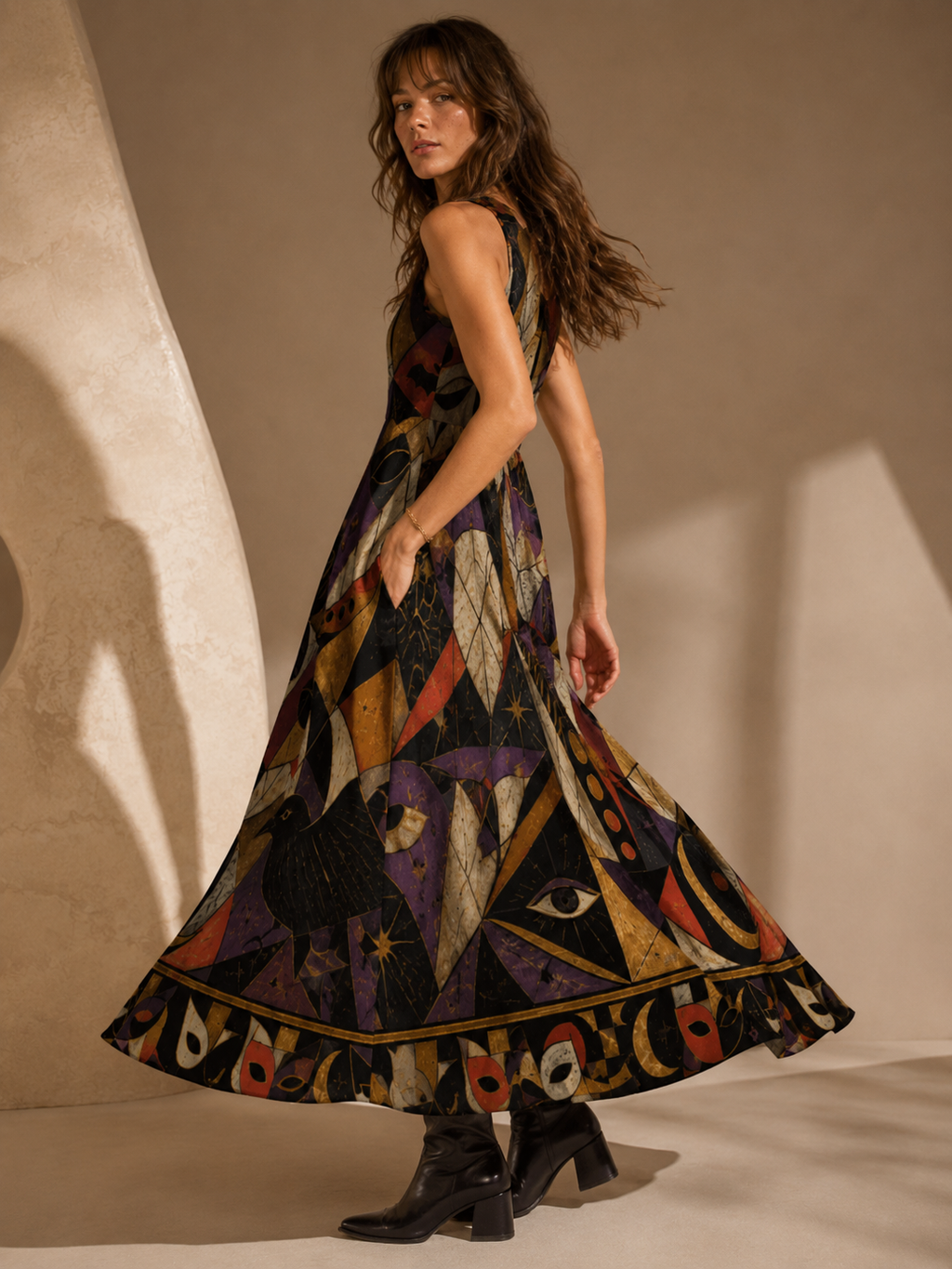 Gothic Halloween Maxi Dress with Pockets | Black Cat Pumpkin