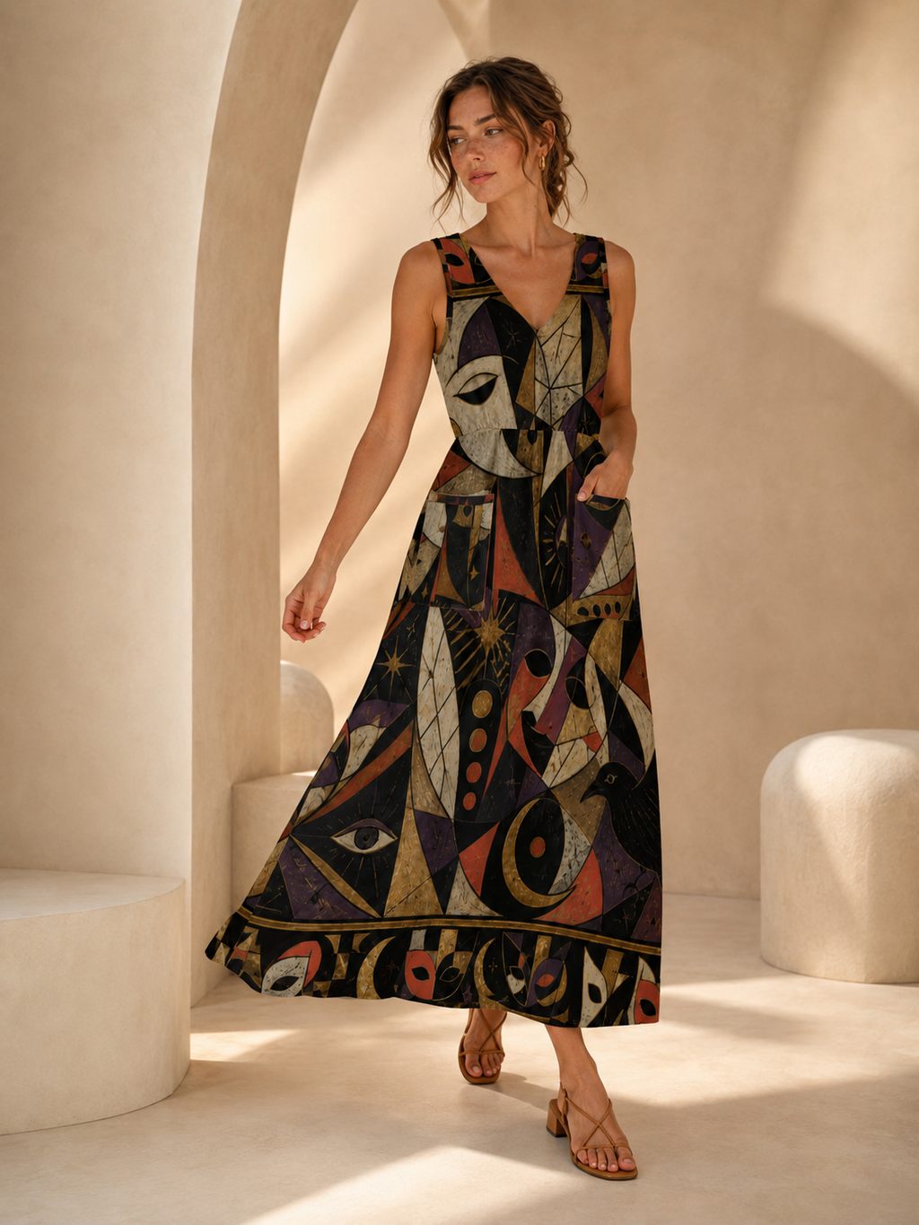 Gothic Halloween Maxi Dress with Pockets | Black Cat Pumpkin