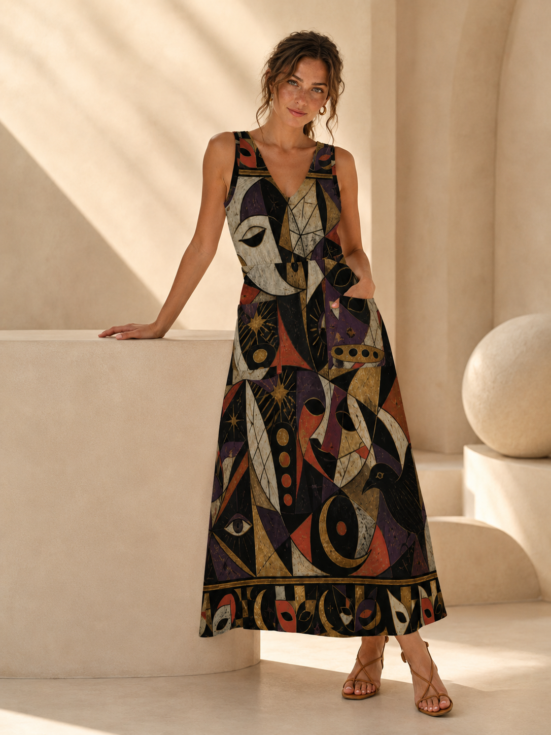 Gothic Halloween Maxi Dress with Pockets | Black Cat Pumpkin