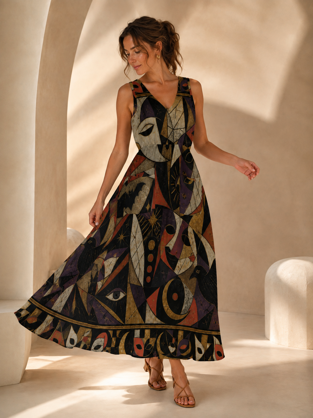 Gothic Halloween Maxi Dress with Pockets | Black Cat Pumpkin