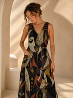 Gothic Halloween Maxi Dress with Pockets | Black Cat Pumpkin