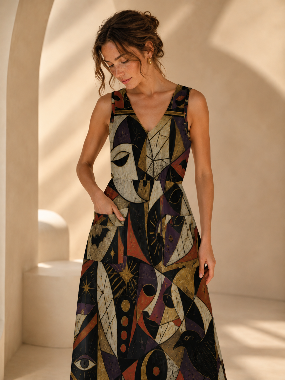 Gothic Halloween Maxi Dress with Pockets | Black Cat Pumpkin