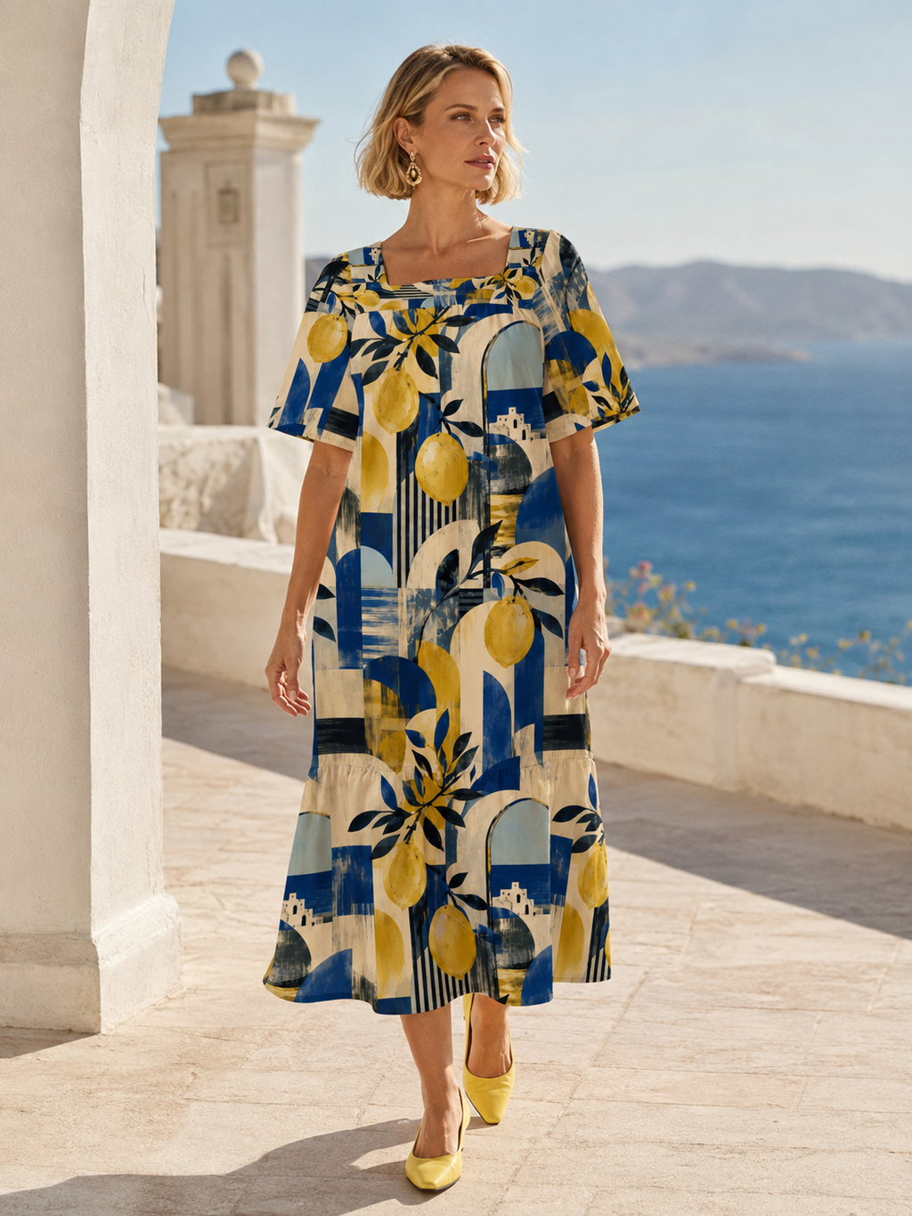 Mediterranean Lemon Maxi Dress, Square Neck