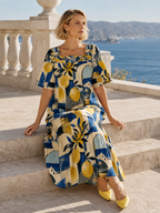 Mediterranean Lemon Maxi Dress, Square Neck