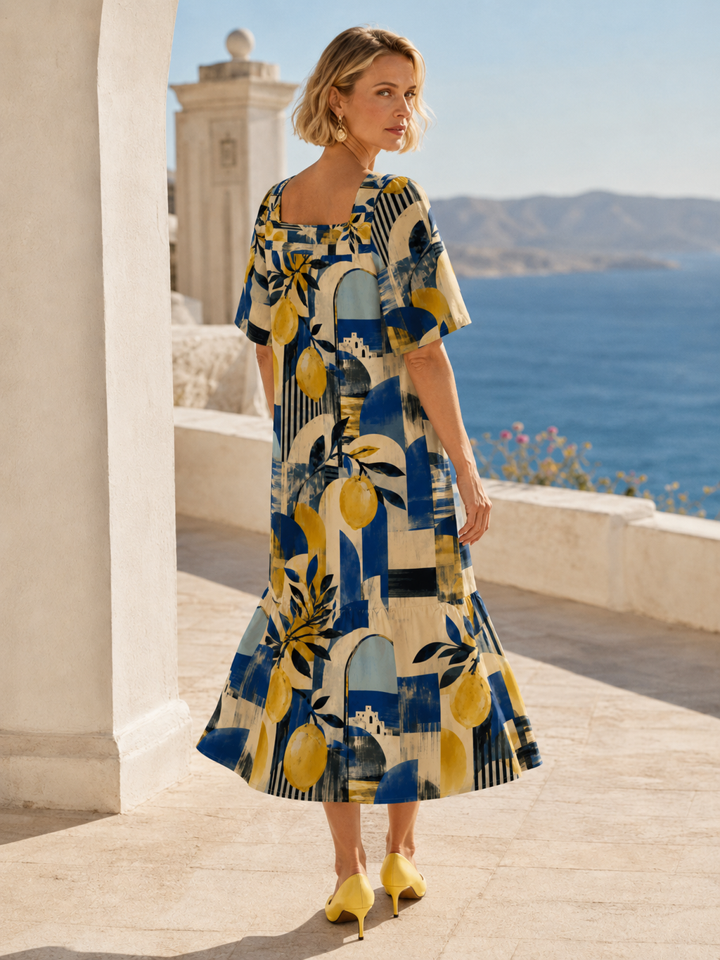 Mediterranean Lemon Maxi Dress, Square Neck