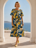 Mediterranean Lemon Maxi Dress, Square Neck