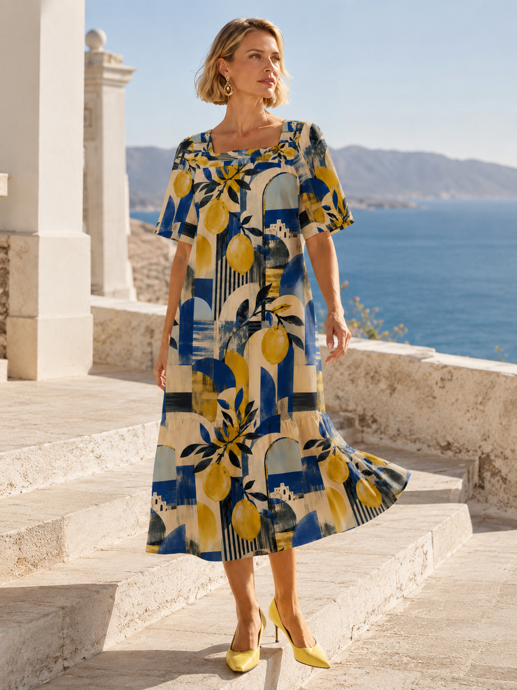 Mediterranean Lemon Maxi Dress, Square Neck