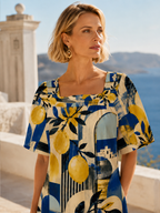Mediterranean Lemon Maxi Dress, Square Neck