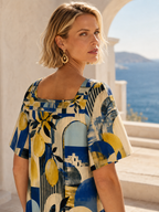 Mediterranean Lemon Maxi Dress, Square Neck