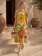 Retro Floral Maxi Dress, Square Neck