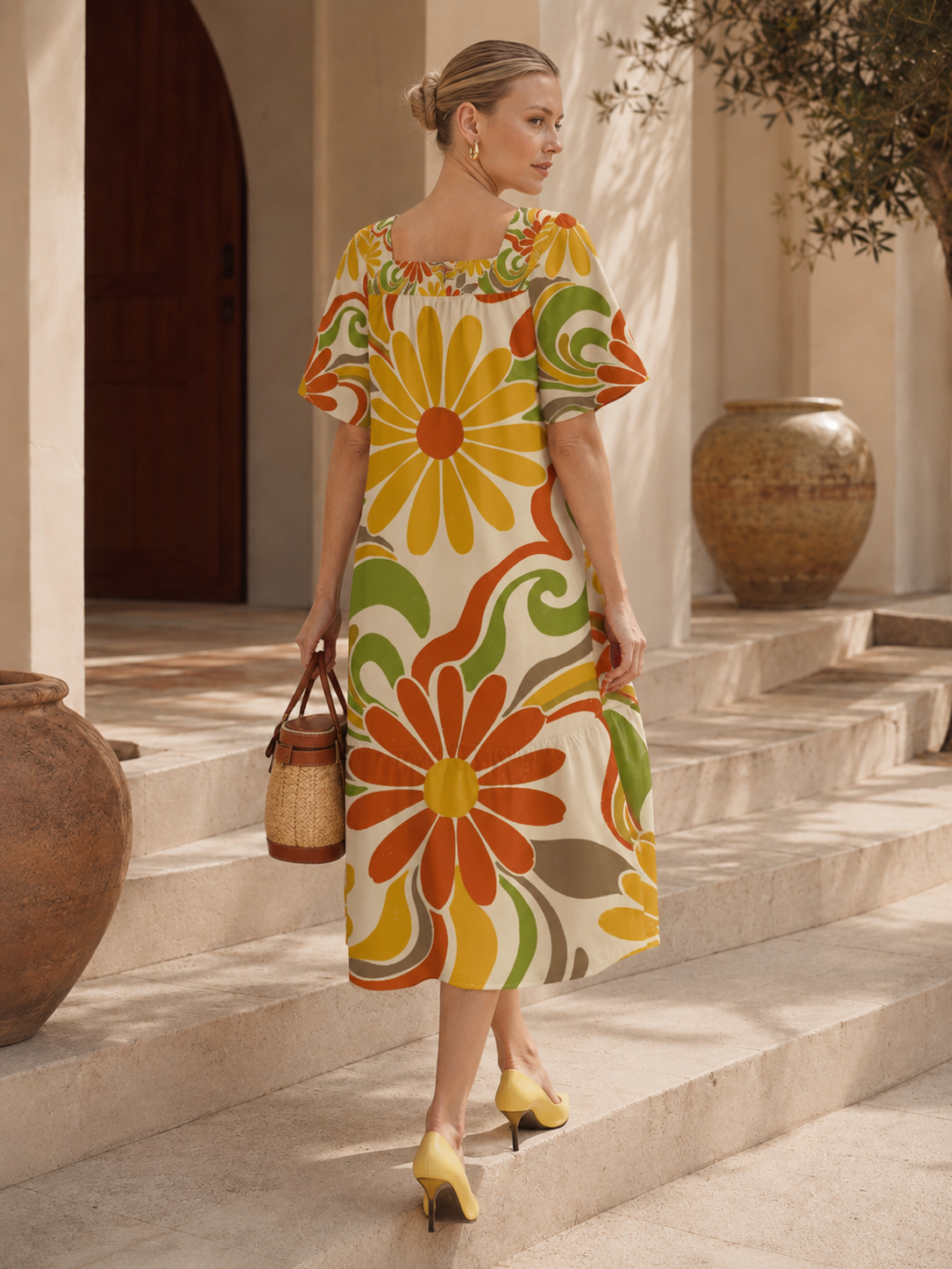 Retro Floral Maxi Dress, Square Neck