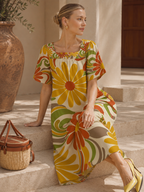 Retro Floral Maxi Dress, Square Neck
