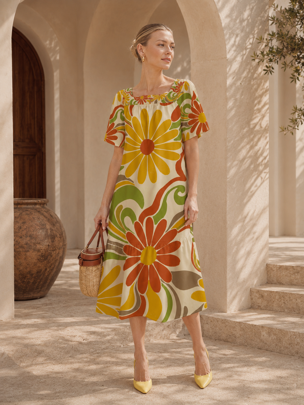 Retro Floral Maxi Dress, Square Neck
