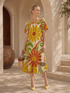 Retro Floral Maxi Dress, Square Neck