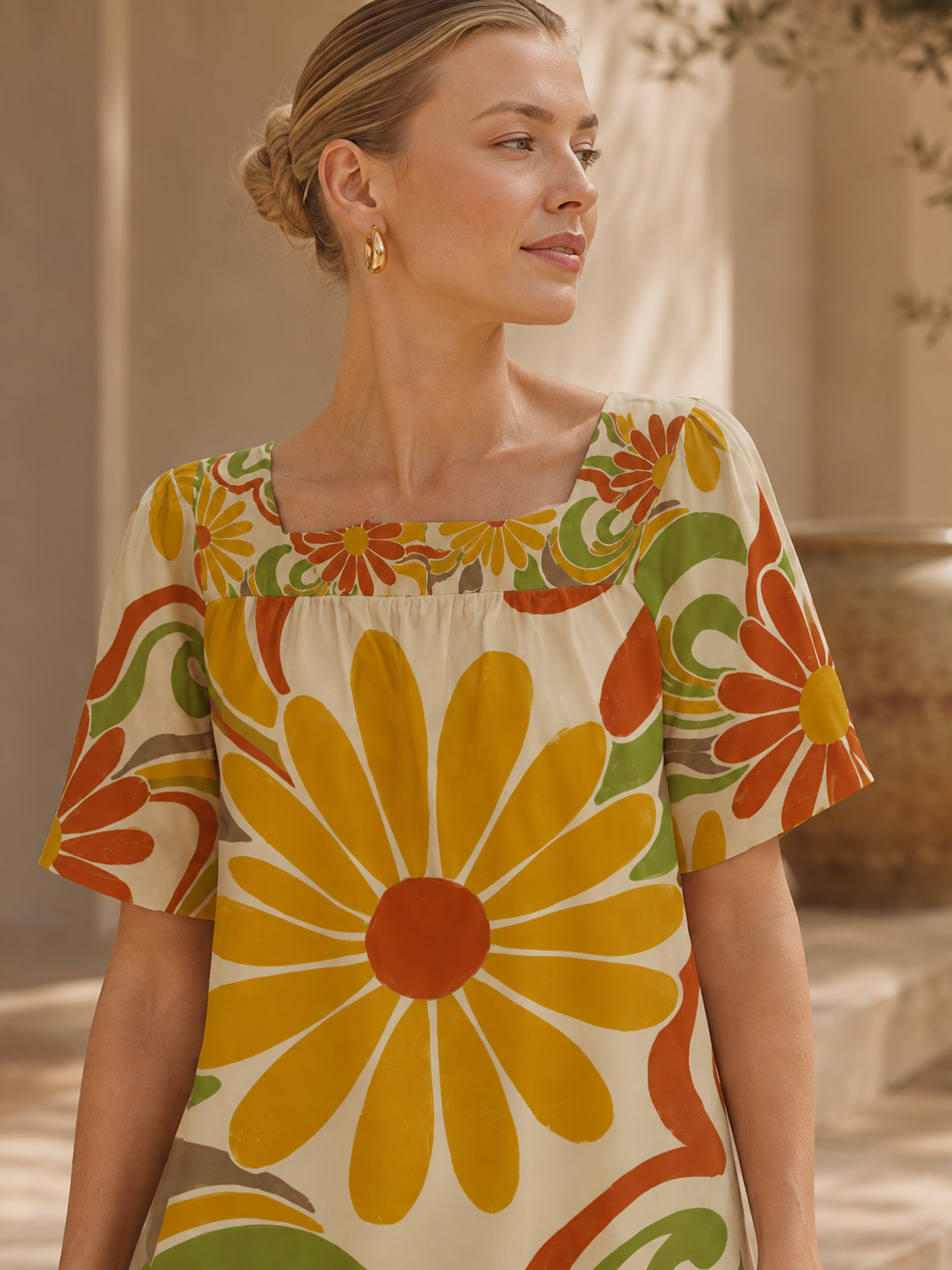 Retro Floral Maxi Dress, Square Neck