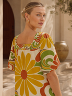 Retro Floral Maxi Dress, Square Neck