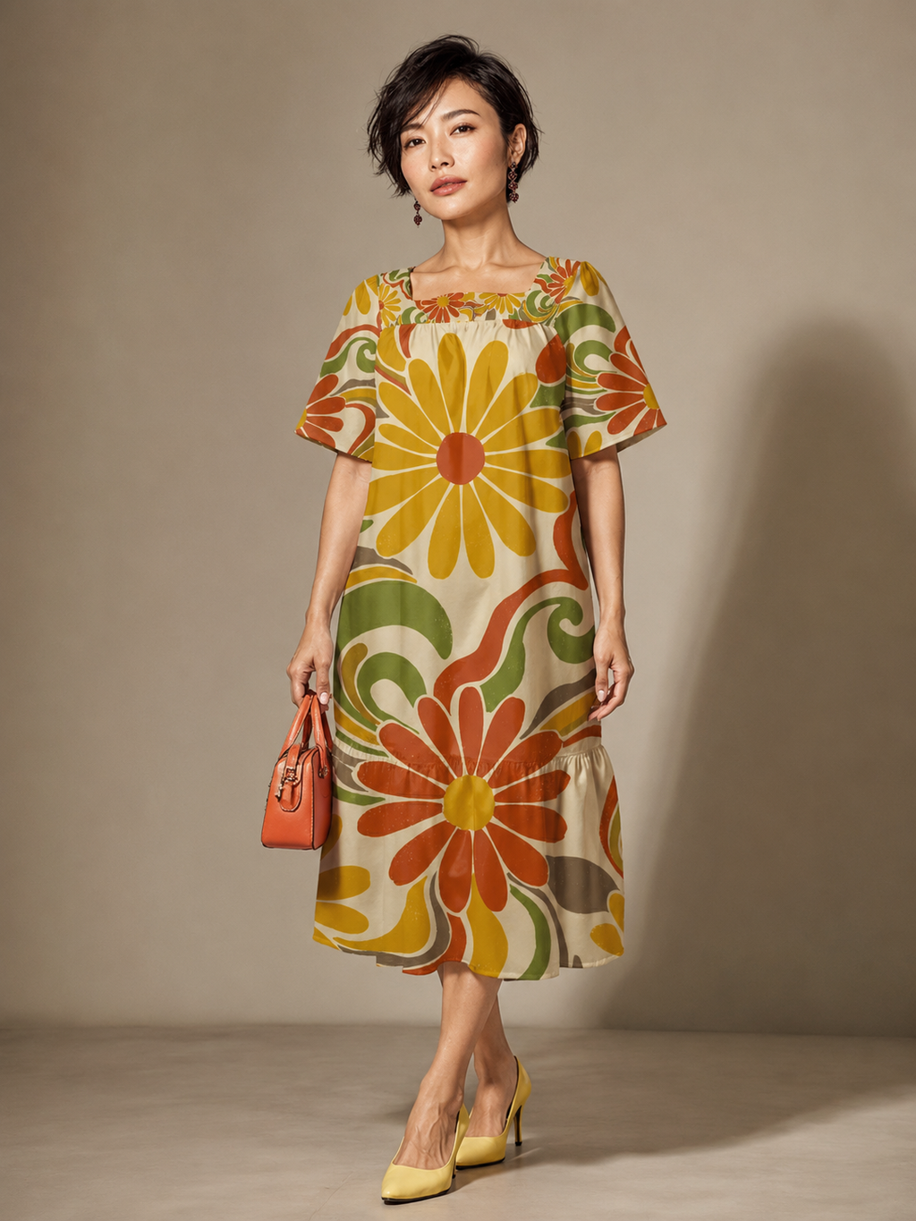 Retro Floral Maxi Dress, Square Neck