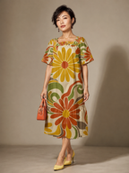 Retro Floral Maxi Dress, Square Neck