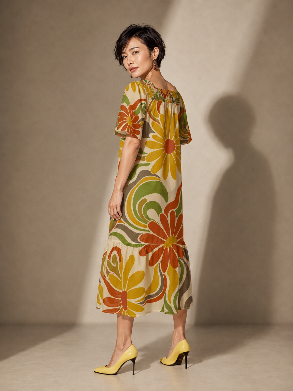 Retro Floral Maxi Dress, Square Neck