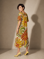 Retro Floral Maxi Dress, Square Neck