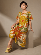 Retro Floral Maxi Dress, Square Neck