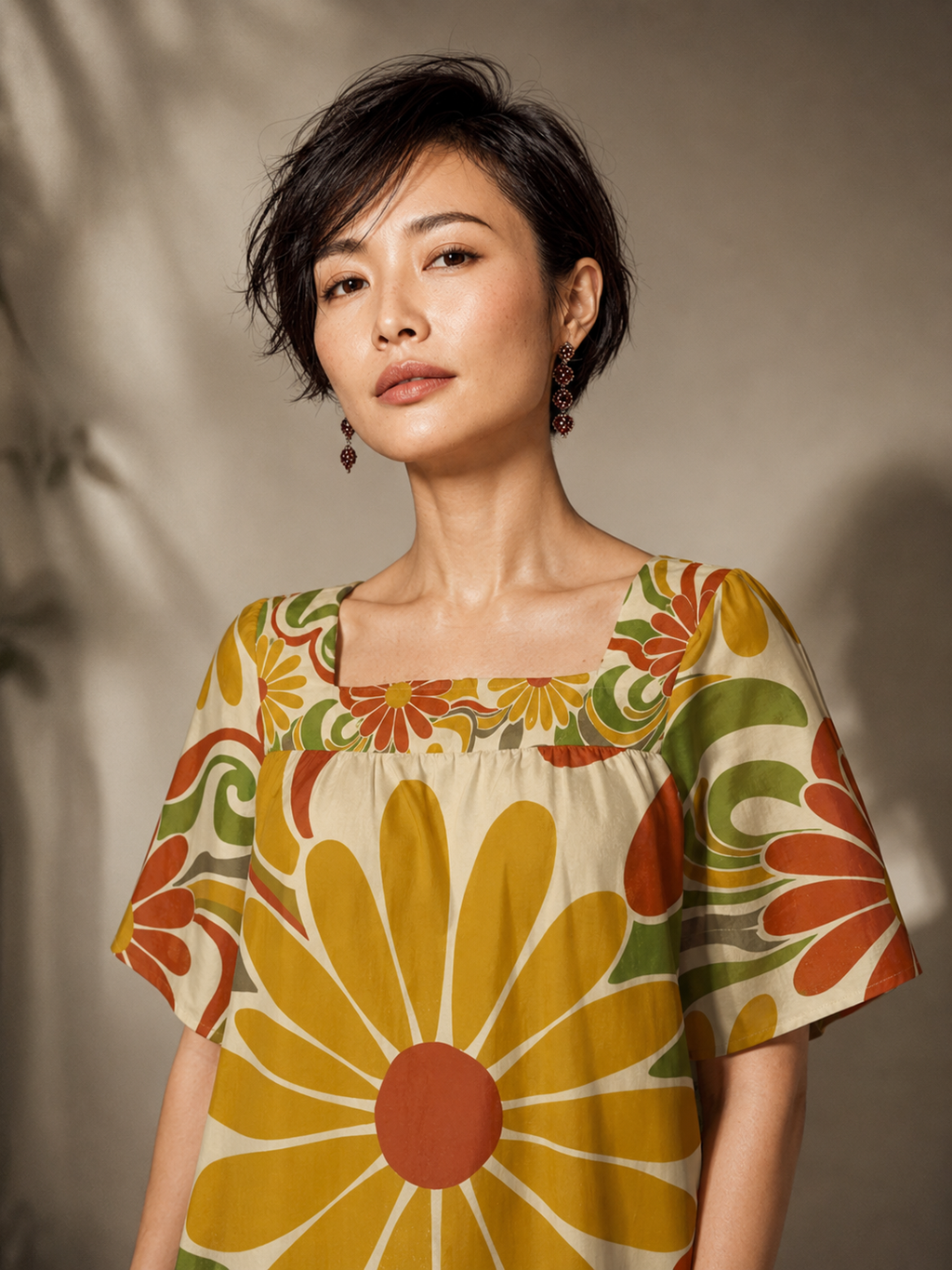 Retro Floral Maxi Dress, Square Neck