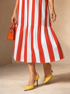 Red & White Cabana Stripe Maxi Dress, Square Neck
