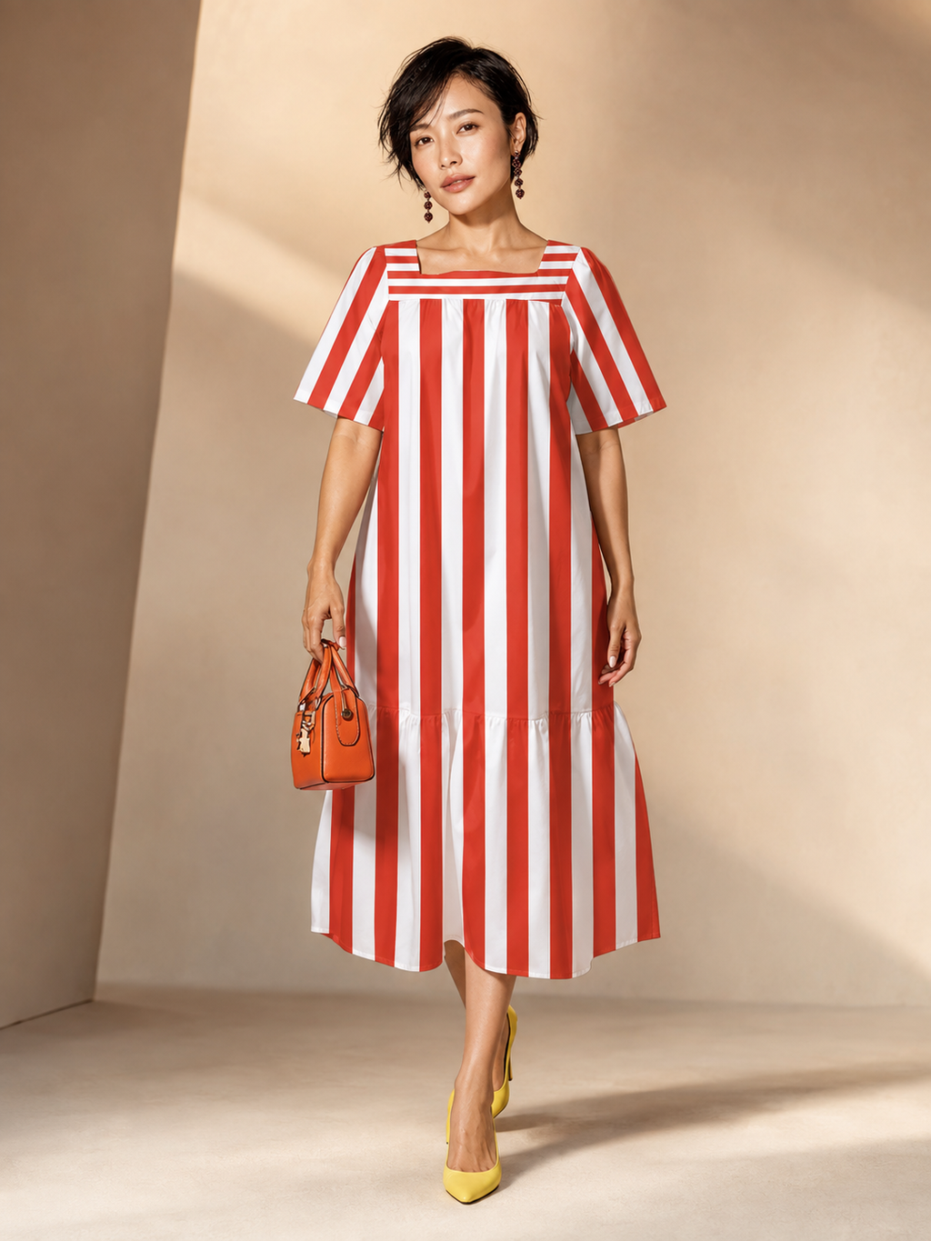 Red & White Cabana Stripe Maxi Dress, Square Neck