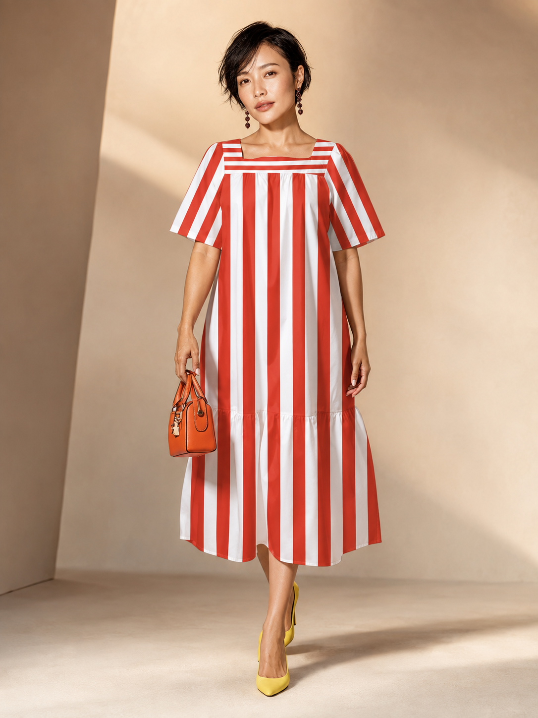 Red & White Cabana Stripe Maxi Dress, Square Neck