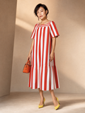Red & White Cabana Stripe Maxi Dress, Square Neck
