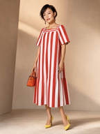Red & White Cabana Stripe Maxi Dress, Square Neck