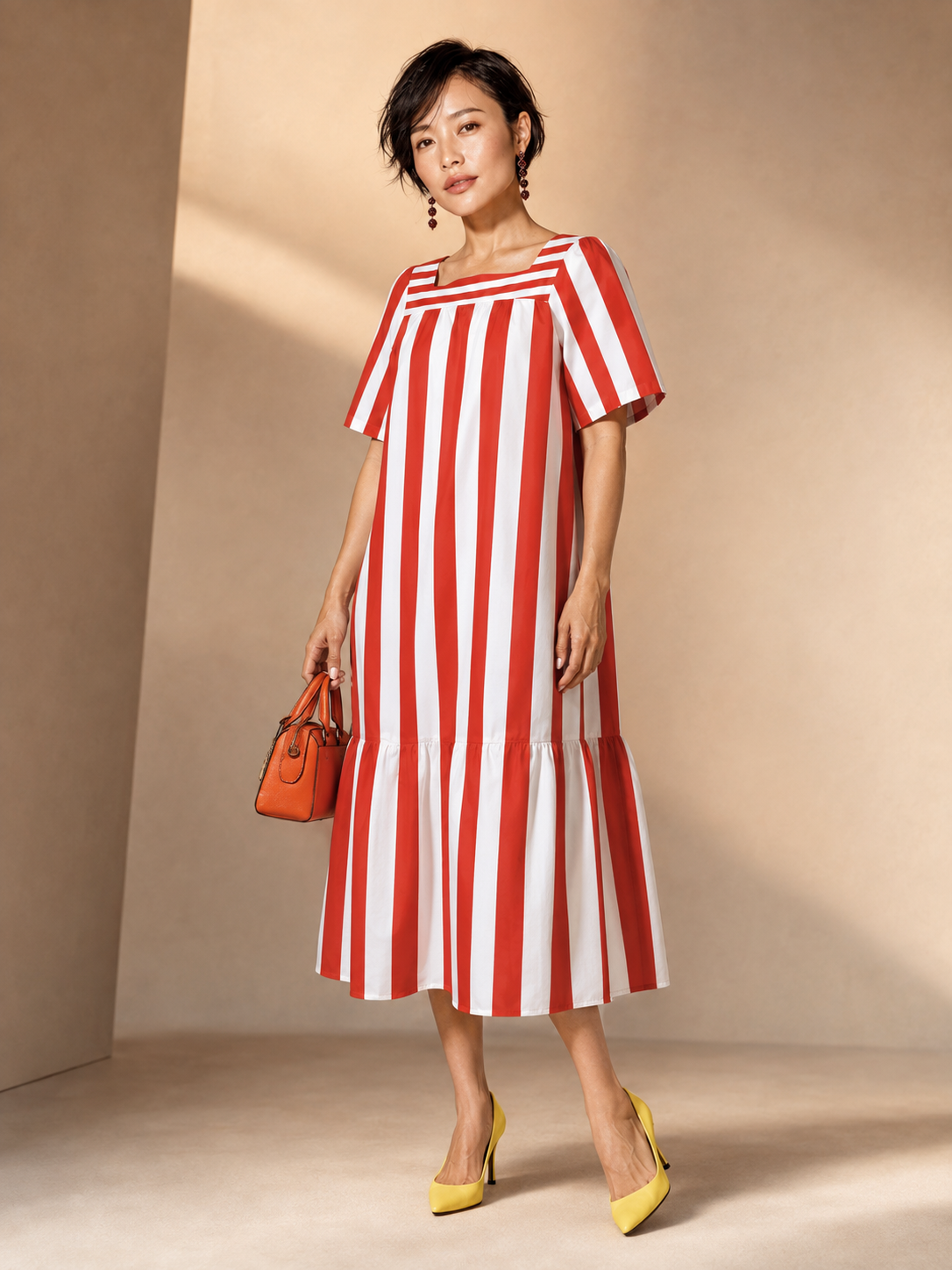 Red & White Cabana Stripe Maxi Dress, Square Neck