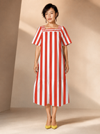 Red & White Cabana Stripe Maxi Dress, Square Neck