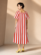 Red & White Cabana Stripe Maxi Dress, Square Neck