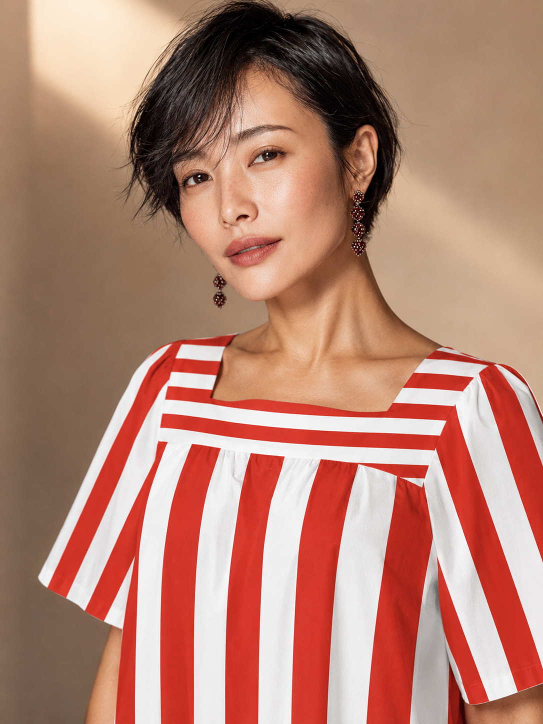 Red & White Cabana Stripe Maxi Dress, Square Neck