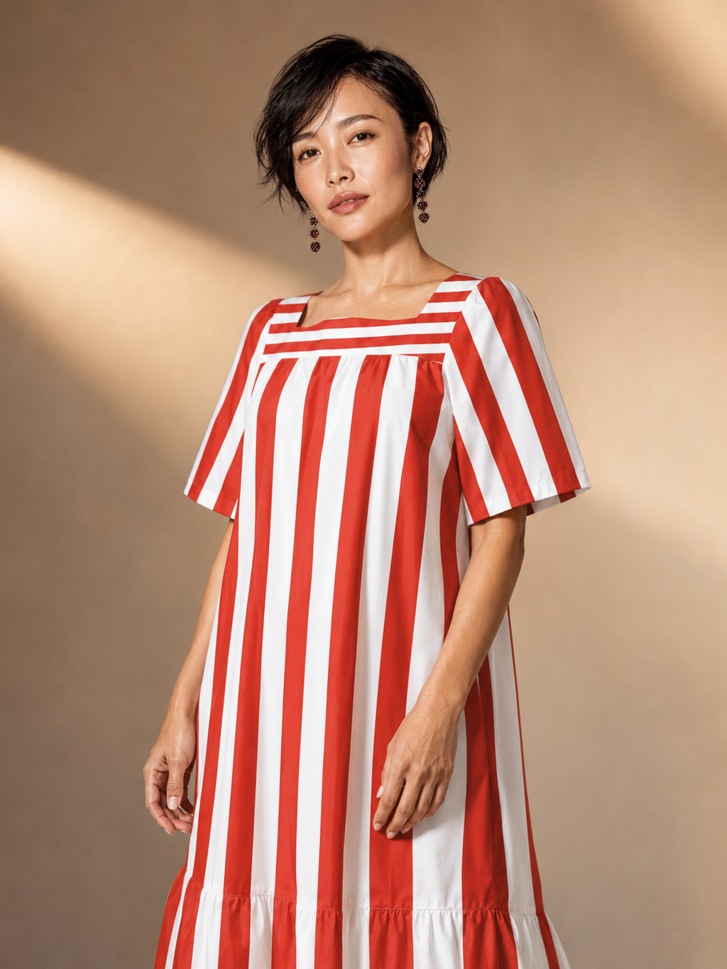 Red & White Cabana Stripe Maxi Dress, Square Neck