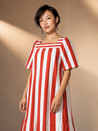 Red & White Cabana Stripe Maxi Dress, Square Neck