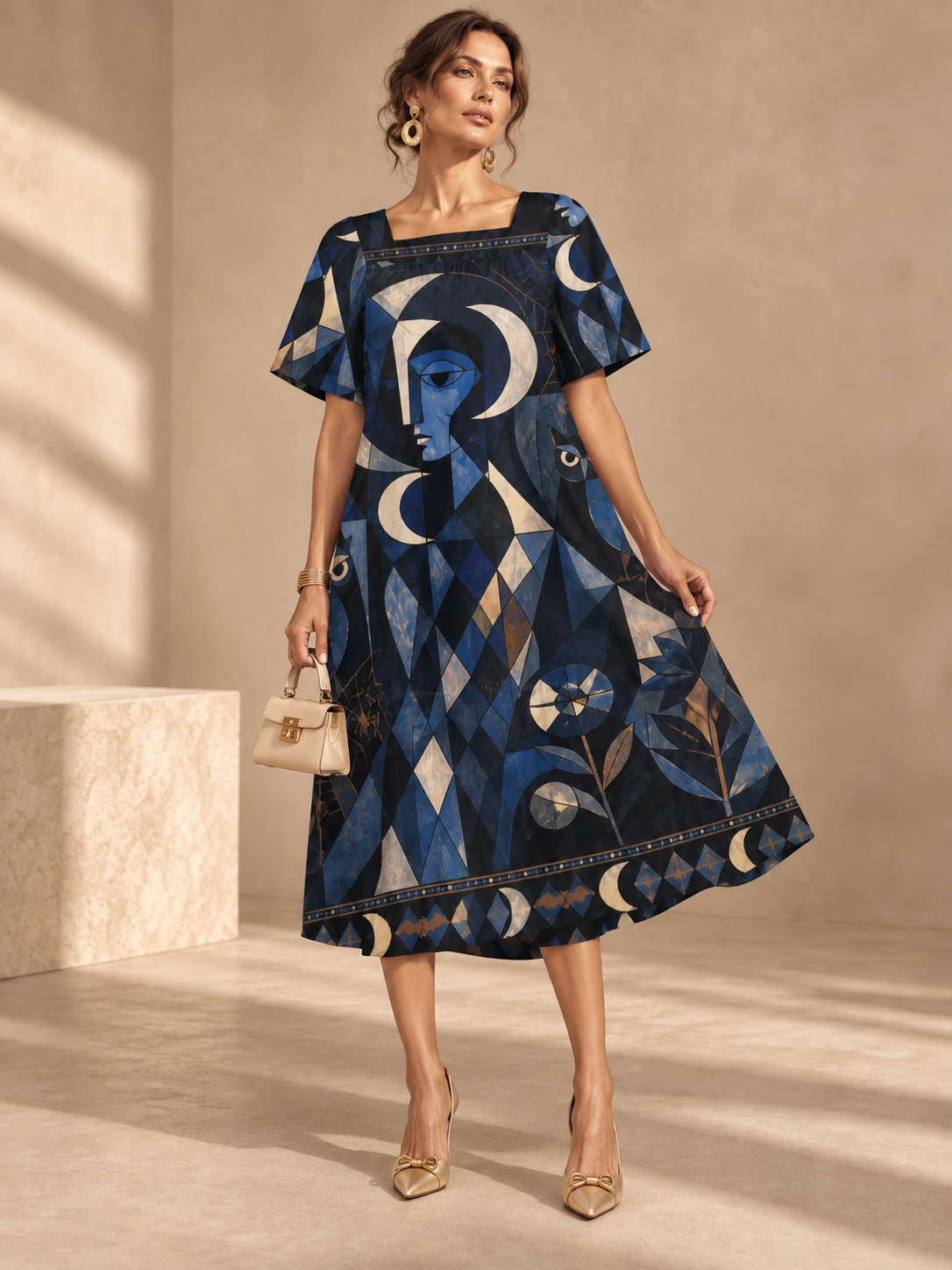 Celestial Moon Maxi Dress, Navy Geometric Puff Sleeve Square Neck Dress