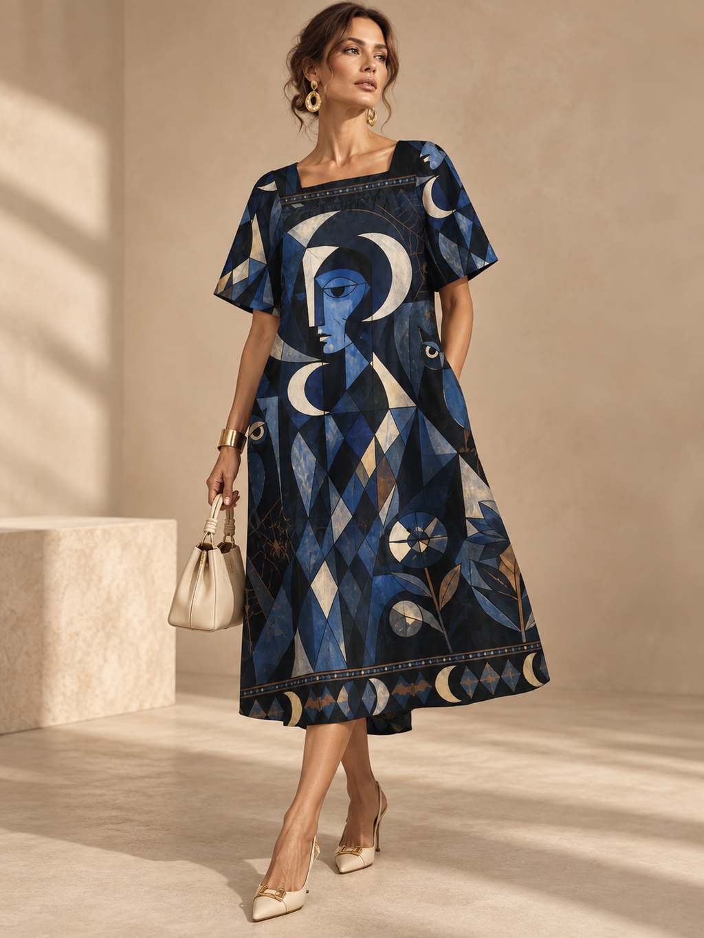 Celestial Moon Maxi Dress, Navy Geometric Puff Sleeve Square Neck Dress