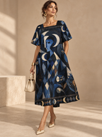 Celestial Moon Maxi Dress, Navy Geometric Puff Sleeve Square Neck Dress