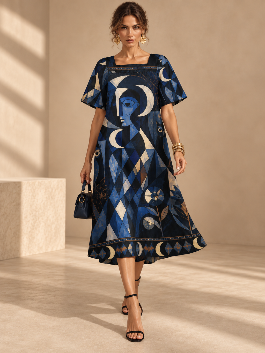 Celestial Moon Maxi Dress, Navy Geometric Puff Sleeve Square Neck Dress