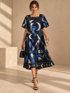 Celestial Moon Maxi Dress, Navy Geometric Puff Sleeve Square Neck Dress