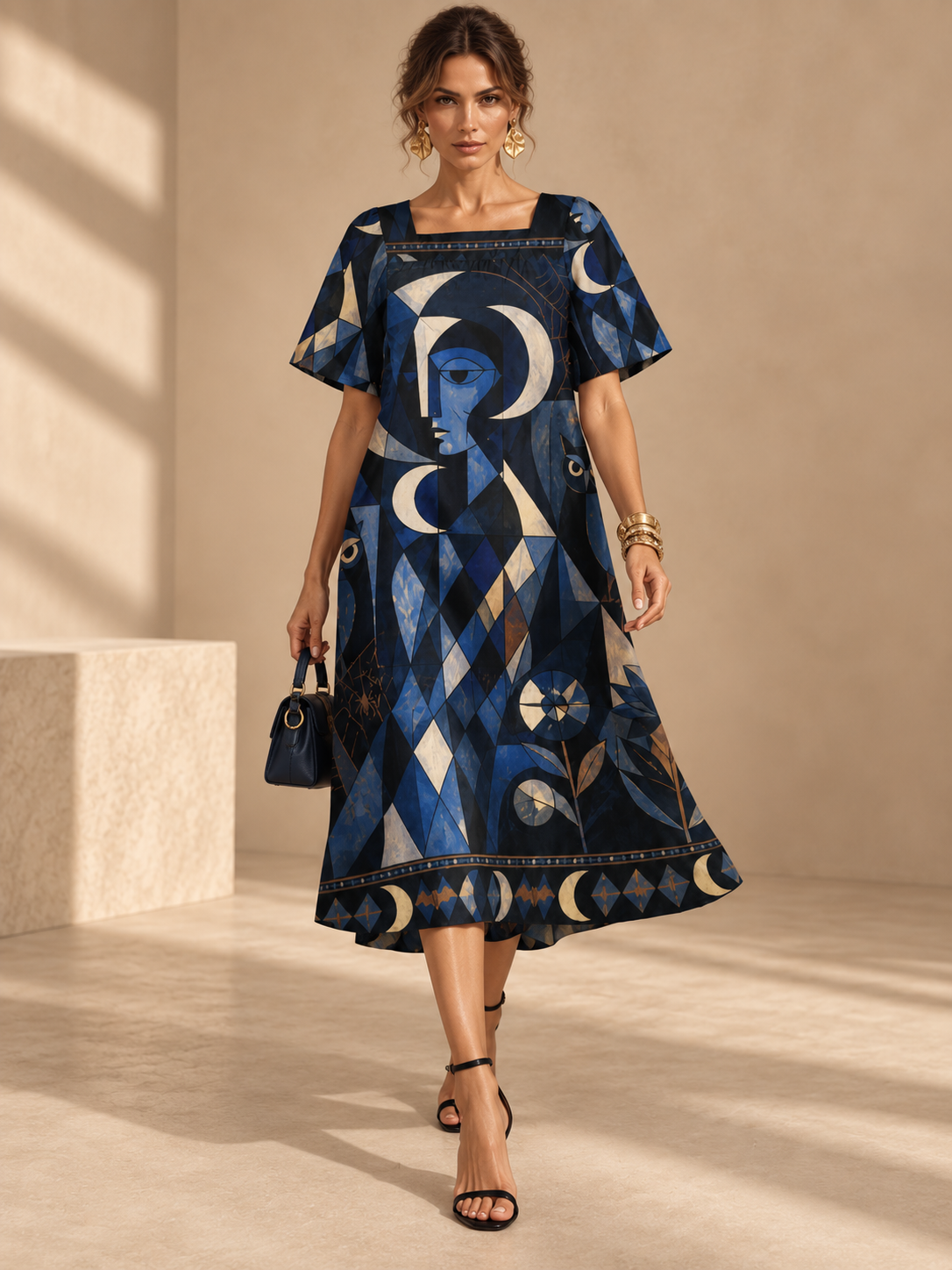 Celestial Moon Maxi Dress, Navy Geometric Puff Sleeve Square Neck Dress